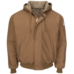 Men's Insulated Brown Duck Hooded Jacket with Knit Trim